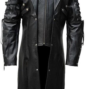 Black Leather Men&#39;s Trench Coat, Steampunk Style Outerwear, Gothic Fashion Coat, Men&#39;s Gothic Coat