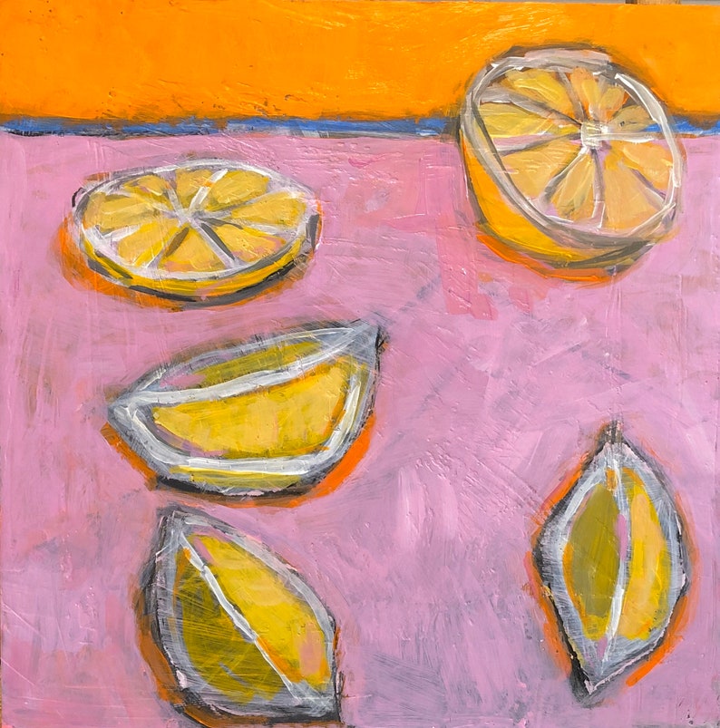 10\u201dx 10\u201d Original Acrylic Oil Encaustic Still Life Pink Orange Lemon
