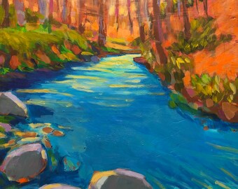 Otter River - Peinture de paysage à l’encaustique à l’huile acrylique originale 10 » x 10 »