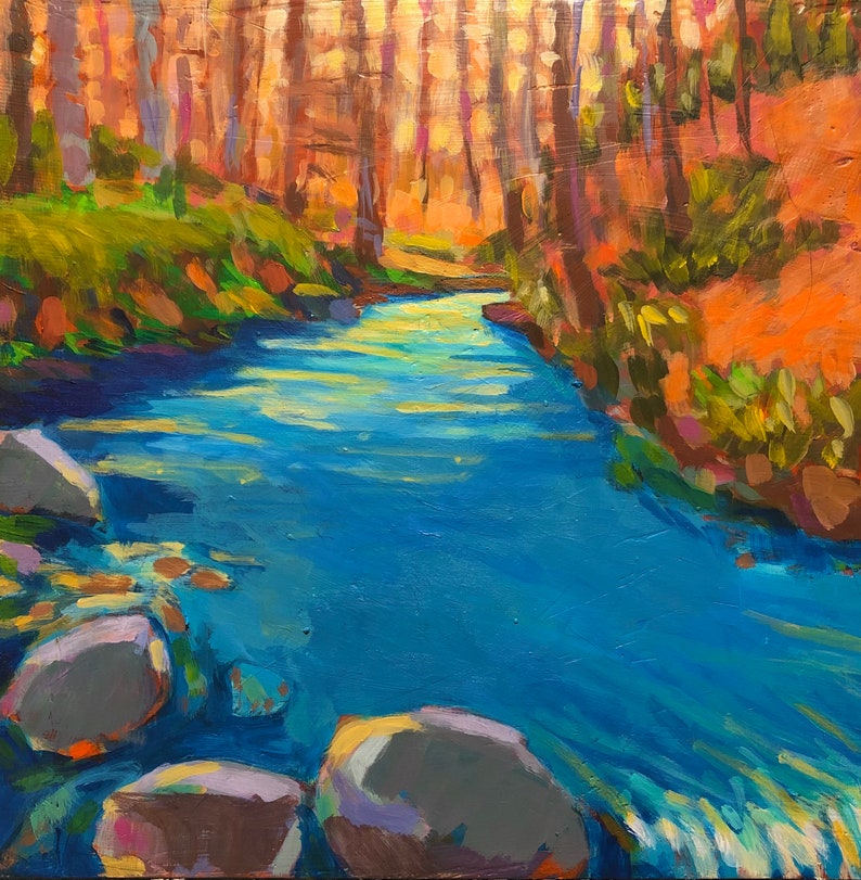 Otter River Original Acrylic Oil Encaustic Landscape Painting 10 x 10 image 1