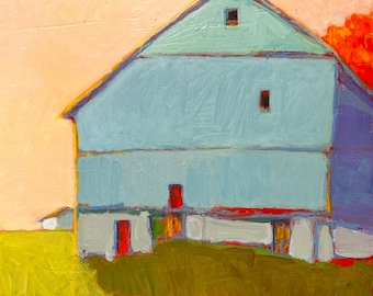 The Blue Barn- original oil, acrylic and encaustic landscape painting 12”x 12”