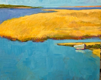 Le bateau secret - peinture de paysage à l'huile acrylique originale à l'encaustique - 30,5 x 30,5 cm
