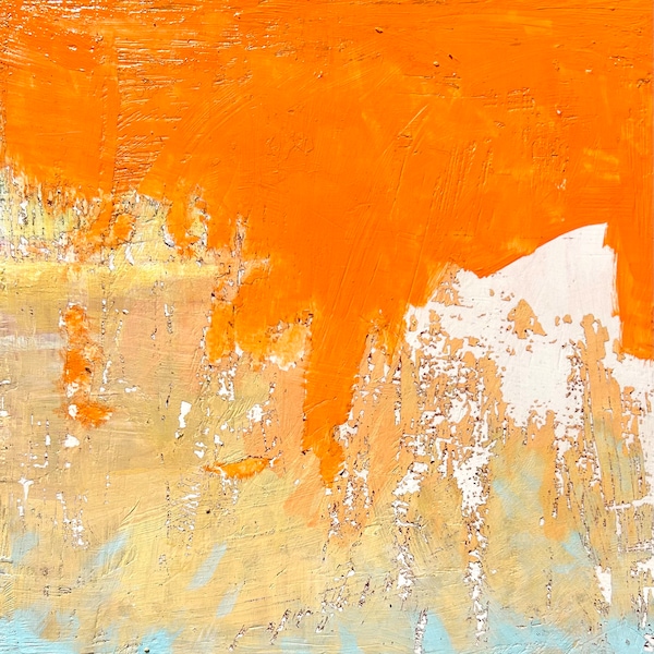 Orange Night - Original Acrylic Oil Encaustic Abstract Landscape Paintjng - 8” x 8”