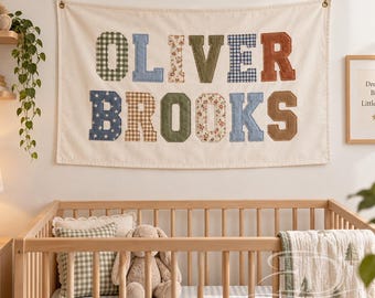 Custom Kid Name Patchwork Banner, Custom Nursery Wall Hanging, Handcrafted Canvas Name Sign, Kid Room Wall Sign, Baby Shower Gift