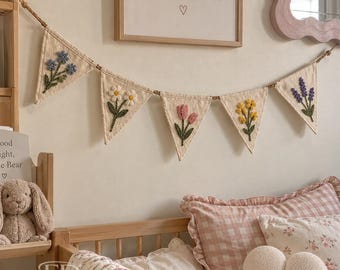 Hand Embroidered Wildflower Bunting, Nursery/ Kids Room Decor, Baby Shower Gift,  Floral Fabric Sign