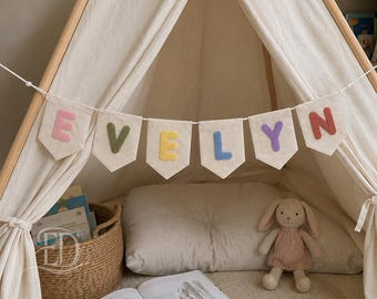 Custom Rainbow Kid Name Bunting, Baby Name Pennant, Custom Nursery Wall Decor, Embroidered Canvas Pennant, Girl Baby Room Sign, Newborn Gift