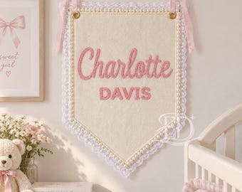 Custom Baby Name Banner With Lace & Pearl, Embroidered Nursery Wall Hanging, Canvas Name Sign, Girl Room Decor, Baby Shower Gift