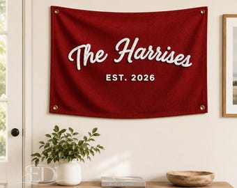 Custom Hand Embroidered Vintage Last Name Canvas, Embroidered Last Name Pennant Banner, Keepsake Wedding Sign, Chain Stitch Banner