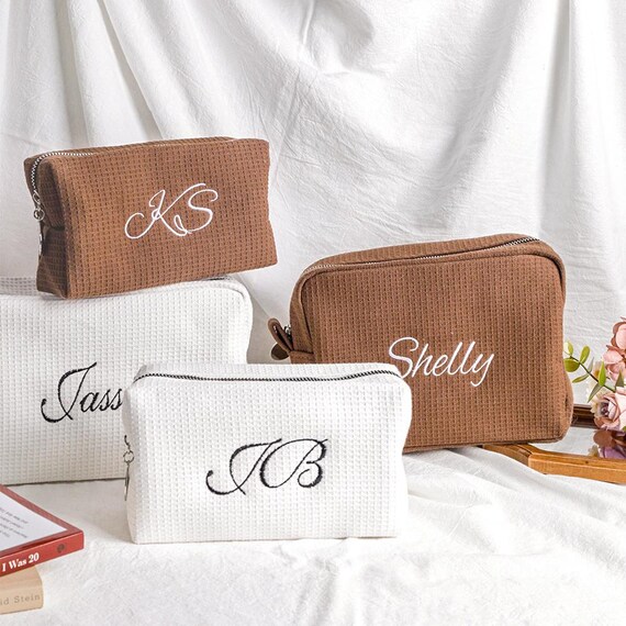 Personalized Embroidered Waffle Cosmetic Bag: Eco-Friendly Travel Pouch