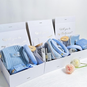 Set von blauen werden Sie meine Brautjungfer sein Vorschlag-Box-Set, personalisierte Brautjungfer Geschenkbox-Set Matrone, Trauzeugin Glas, Unkraut Geschenkbox