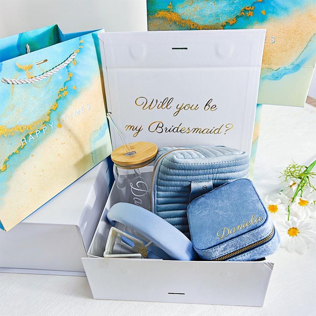 Set of Blue Will You Be My Bridesmaid Proposal Box Set, Personalized ...