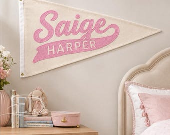 Custom Baby Name Pennant, Baby Name Pennant, Custom Nursery Wall Decor, Embroidered Canvas Pennant, Girl Baby Room Sign, Newborn Gift
