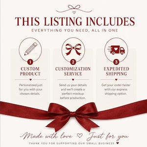 May include: A white informational graphic with dark red text and accents. It features three numbered sections with icons: a pencil for custom product, a bow for customisation service, and a truck for expedited shipping. A large red ribbon sits at the bottom.