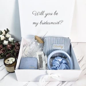 Juego de caja de propuesta de dama de honor azul, juego de caja de regalo de dama de honor personalizada, juego de matrona, vaso de dama de honor