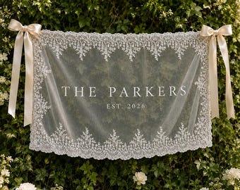 Custom Wedding Lace Sheer Sign, Custom Couple Name Wedding Sign, Elegant Ceremony Backdrop, Lace Reception Decor