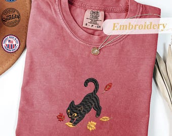 Black Cat Pouncing Autumn Leaves Embroidered T-Shirt, Comfort Colors Tee, Fall Shirt, Autumn Shirt, Embroidery Shirt, Cat Lover Gift