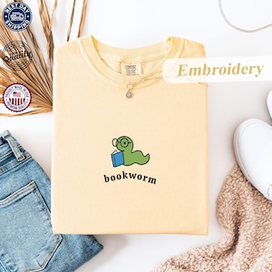Bookworm T-Shirt – Comfort Colors® Embroidered Book Lover Tee, Bookish Shirt, Book Club T-Shirt, Reading T-Shirt, Book Nerd T-Shirt