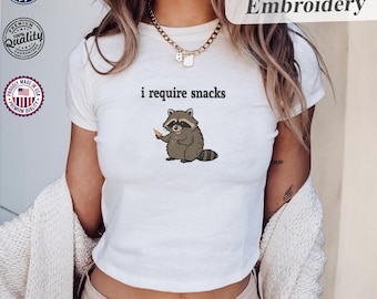 I Require Snacks Embroidered Raccoon Y2K Baby Tee, Funny Raccoon Embroidered Tee, Goblincore Animal Lover Gift, Snack Lovers, Raccoon Tee