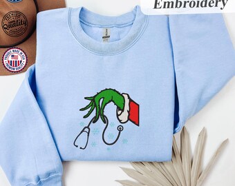 Embroidery Christmas Nurse Sweatshirt, Funny Green Doctor Christmas Hoodie, Funny Christmas Nursing Sweatshirt, Nurse Stethoscope Sweatshirt