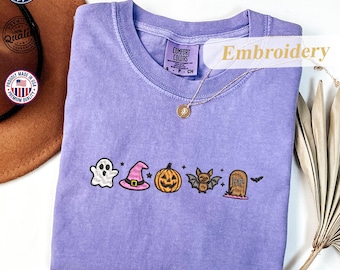 Halloween Comfort Colors Tee, Embroidered Shirt, Embroidered Tee, Embroidery Gift, Minimalist Shirt, Spooky Gift, Fall Shirt, Fall Gifft