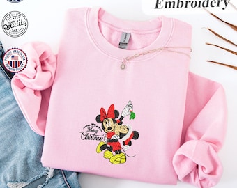 Sudadera con bordado navideño de pareja de Disney, conjunto navideño de Mickey y Minnie, sudadera con capucha navideña de Disney, sudadera "Muy Feliz Navidad" de Mickey
