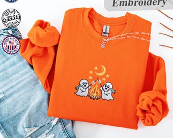 Cute Ghosts Camping Embroidered Sweatshirt, Spooky Season Outdoors Gifts, Halloween Vintage Embroidery Hoodie