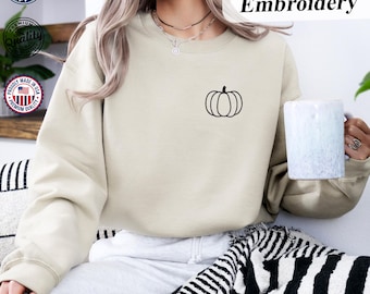 Minimal Fall Pumpkin Sweatshirt – Embroidered Pumpkin Outline Sweatshirt, Autumn Gift Idea, Cute Minimal Pumpkin Cozy Fall Hoodie