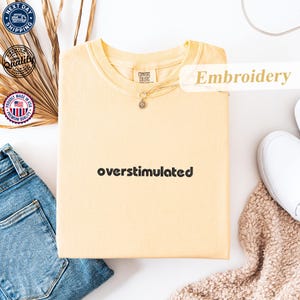 Comfort Colors® Embroidered T-Shirt, &#39;&#39;Overstimulated&#39;&#39; Tee, Mental Health Humor Tee, Weirdcore Clothing Gen Z Tee, Funny Sarcastic Shirt