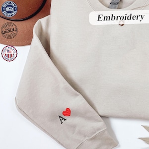 Custom Embroidered Initial Heart Sweatshirt, Couples Hoodie, Couple Initials, Matching Sleeve Initial Hoodie, Anniversary Gift, Couple Gift