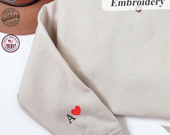 Custom Embroidered Initial Heart Sweatshirt, Couples Hoodie, Couple Initials, Matching Sleeve Initial Hoodie, Anniversary Gift, Couple Gift