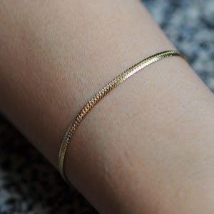May include: A thin gold chain bracelet on a person's wrist.