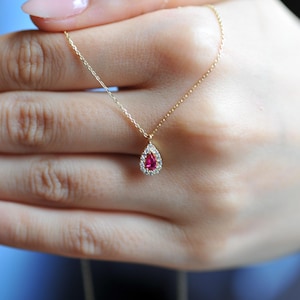 14K Gold Red Ruby Necklace: Dainty Teardrop Pendant, Handmade