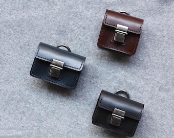 Handmade Leather AirPods Case, Mini Vintage Style Clasp Bag with Carabiner