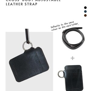 May include: Black leather card holder with a silver ring and a matching black leather strap. The strap is adjustable and can be worn as a crossbody strap.