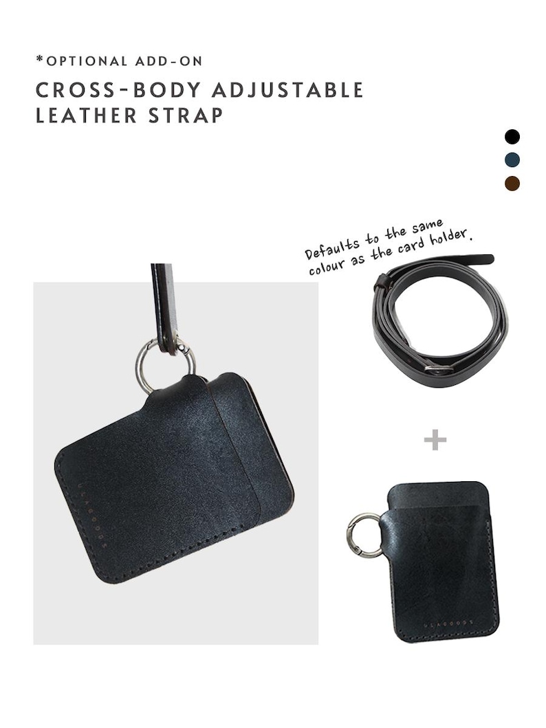 May include: Black leather card holder with a silver ring and a matching black leather strap. The strap is adjustable and can be worn as a crossbody strap.