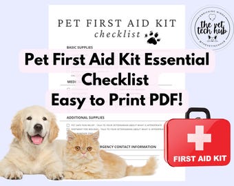 Essential Pet First Aid Kit Checklist PDF, Animal Care, Groomer, Veterinary Hospital, Vet Tech, Vet, Animal Health Document, PDF Document