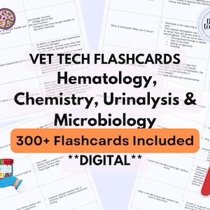 Tarjetas de estudio sobre procedimientos de laboratorio de técnicos veterinarios, hematología, análisis de orina y microbiología, VTNE, estudio de medicina veterinaria, microscopio, química