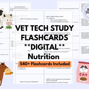 Cartes mémoire Vet Tech Nutrition, préparation VTNE, médecine vétérinaire, guides d'étude Vet Tech, félin, canin, équin, ovin, bovin, alimentation, AAHA