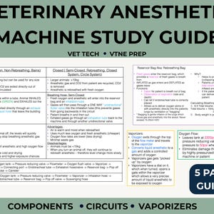 Könnte beinhalten: Ein Studienleitfaden für veterinärmedizinische Anästhesiegeräte zur VTNE-Vorbereitung. Dieses 5-seitige Bildungsdokument enthält detaillierte Tabellen zu offenen und geschlossenen Systemen, Reservoirbeuteln, Verdampfern und Sauerstofffluss.