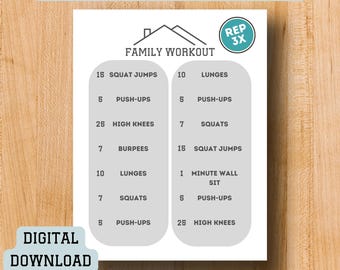 Family Workout Printable for Living Room Kids Fitness Activity Sheet for Stay At Home Homeschool Moms of Young Families Game Neutral Minimal