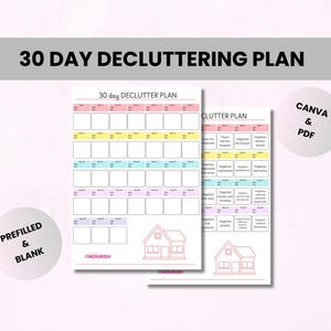 Könnte beinhalten: Ein druckbarer 30-Tage-Entrümpelungsplan mit vorgefüllten und leeren Versionen. Der Plan enthält eine Checkliste von Bereichen, die entrümpelt werden sollen, wie z. B. Küche, Schlafzimmer und Badezimmer. Das Dokument ist für die Verwendung mit Canva und PDF konzipiert.