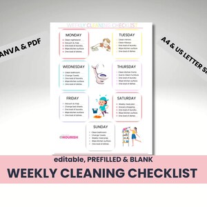 Lista de limpeza principal Lista de limpeza semanal Limpeza da casa Tarefa semanal Tabela de tarefas para adultos Cronograma colorido Lista de verificação semanal para TDAH Desorganização
