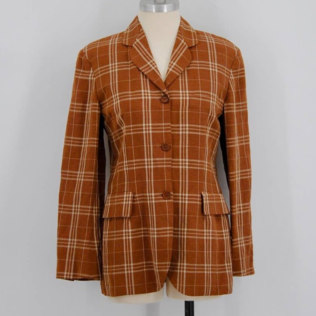 Veste à Carreaux En Lin Claude Barthelemy Paris - Taille 44 - Rouge - Manches 3/4 - Neuf Avec étiquettes