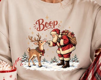 Vintage Santa Reindeer Christmas Sweatshirt, Funny Boop Crewneck, Santa Reindeer Boop Toddler Sweatshirt, Retro Xmas Graphic Sweatshirt