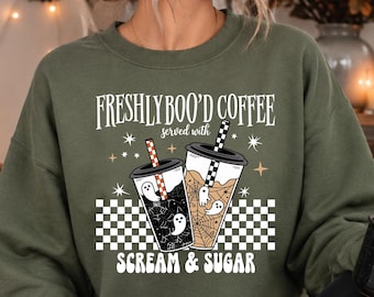 Halloween Freshly Boo'd Coffee Sweatshirt, Served with Scream and Sugar Shirt, Funny Spooky Shirt, Halloween Coffee Lover Shirt,Ghost Coffee
