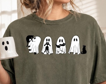 Halloween Black Cat & Ghost Comfort Colors Shirt, Halloween Ghost Tshirt, Ghost Holding Black Cat Sweatshirt, Spooky Season Cat Tee