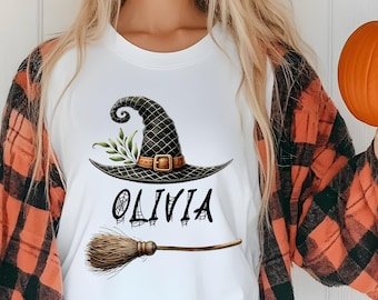 Custom Halloween Shirt, Custom Name Witch Hat Broom Boots Tshirt, Custom Name Shirt, Custom Family Shirt, Halloween Crew Shirt, Witch Shirt