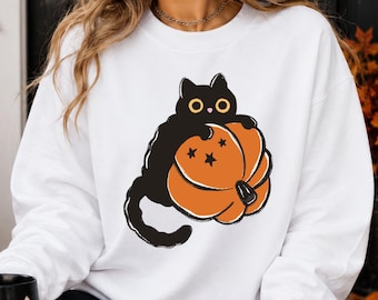 Vintage Black Cat On Pumpkin Sweatshirt, Retro 90s Halloween Shirt, Fall Crewneck Sweatshirt, Halloween Black Cat Shirt, Black Cat Sweater