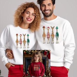 Cute Christmas Giraffe Sweathirt, Funny Holiday Animal Sweatshirt, Festive Lights Reindeer, Hat Santa Gift Sweathirt for Women Men Kids