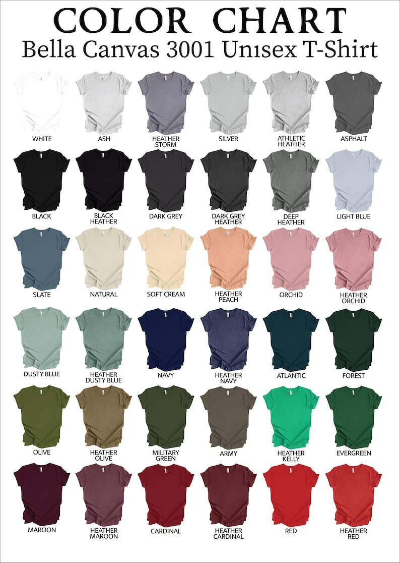 May include: Colour chart displaying 36 different Bella Canvas 3001 unisex t-shirt colours. The colours are arranged in rows and columns, with the names of each colour listed below the corresponding shirt.